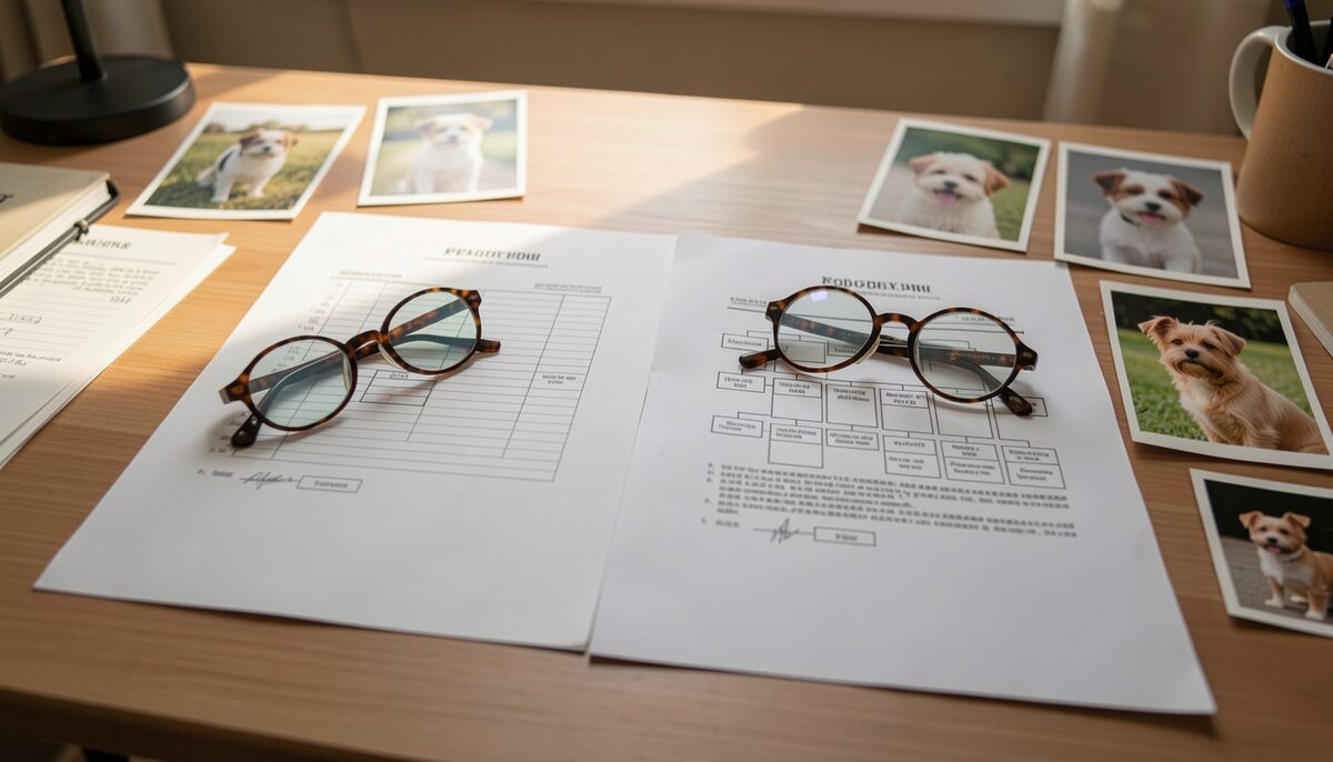 Deux pedigrees ouverts côte à côte sur une table de travail, lunettes posées dessus, carnet à spirale et crayon, photographies de chiens à côté.