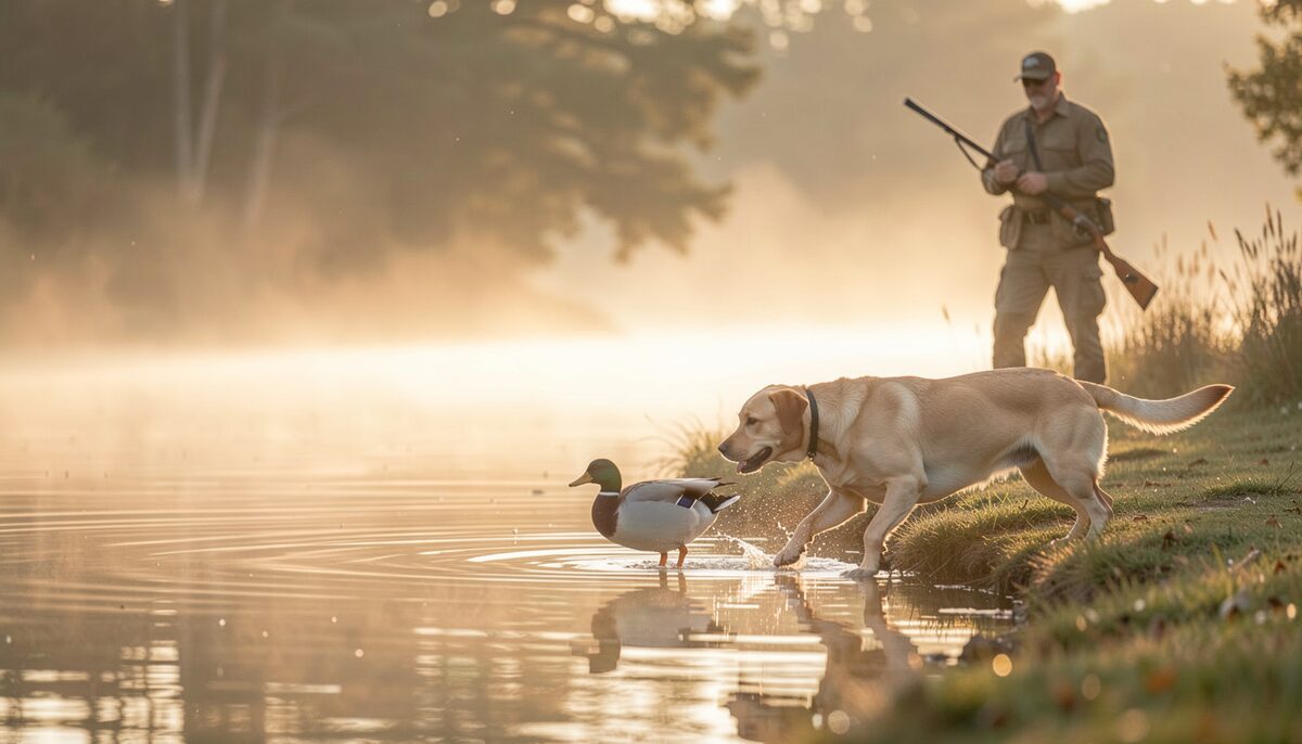 Un labrador rapportant un canard au bord d'un étang tôt le matin, chasseur en attente, brume basse sur l'eau, lumière dorée.
