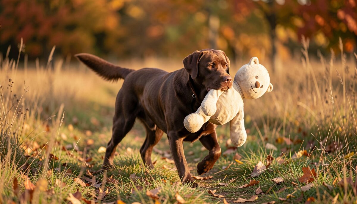 Un labrador chocolat au rapport dans un champ d'automne, dummy en gueule, robe brune luisante à la lumière rasante.