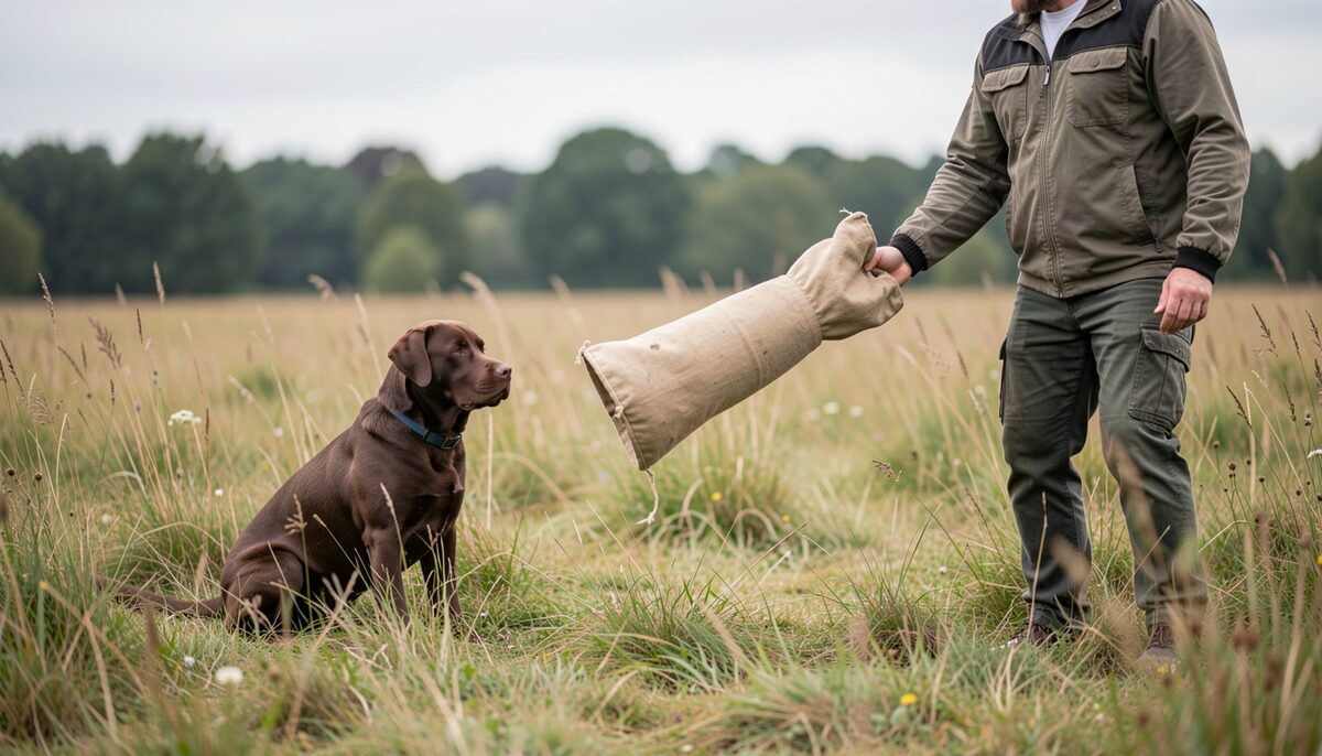 Un labrador chocolat au pied de son conducteur qui lance un dummy de toile dans un pré d'herbe haute, geste du bras tendu.