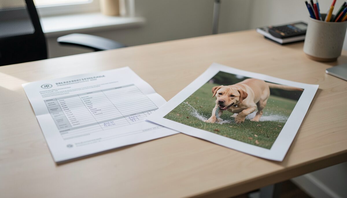 Une page de standard de race posée à côté d'une photographie de labrador au rapport, la moitié texte, la moitié chien, lumière de bureau.
