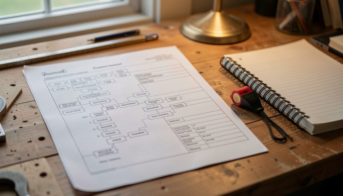 Un pedigree déplié sur une table en bois à côté d'un carnet de notes et d'un sifflet de dressage, photographie de chien glissée dessous.